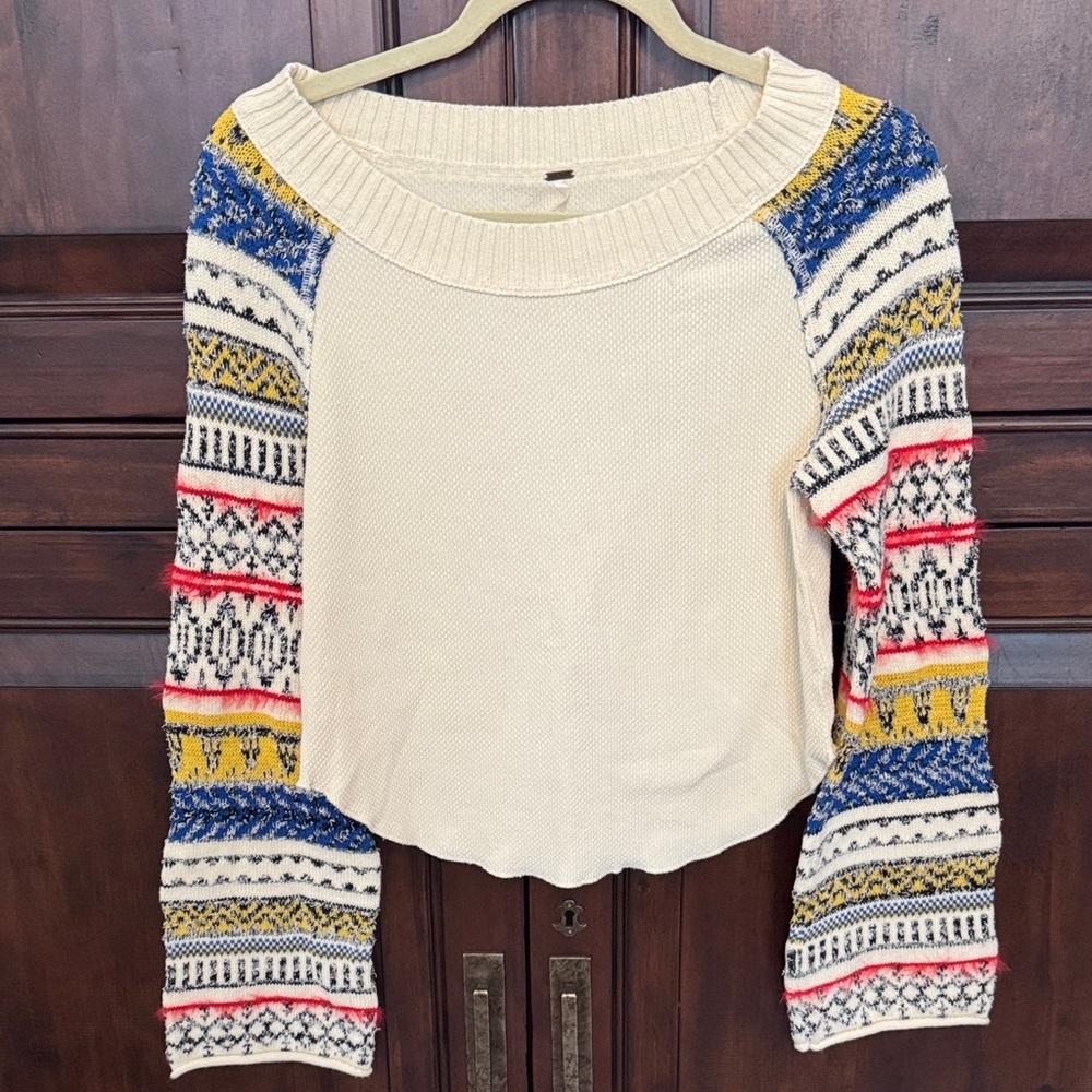 Free People Knit Sweater with Patterned Sleeves